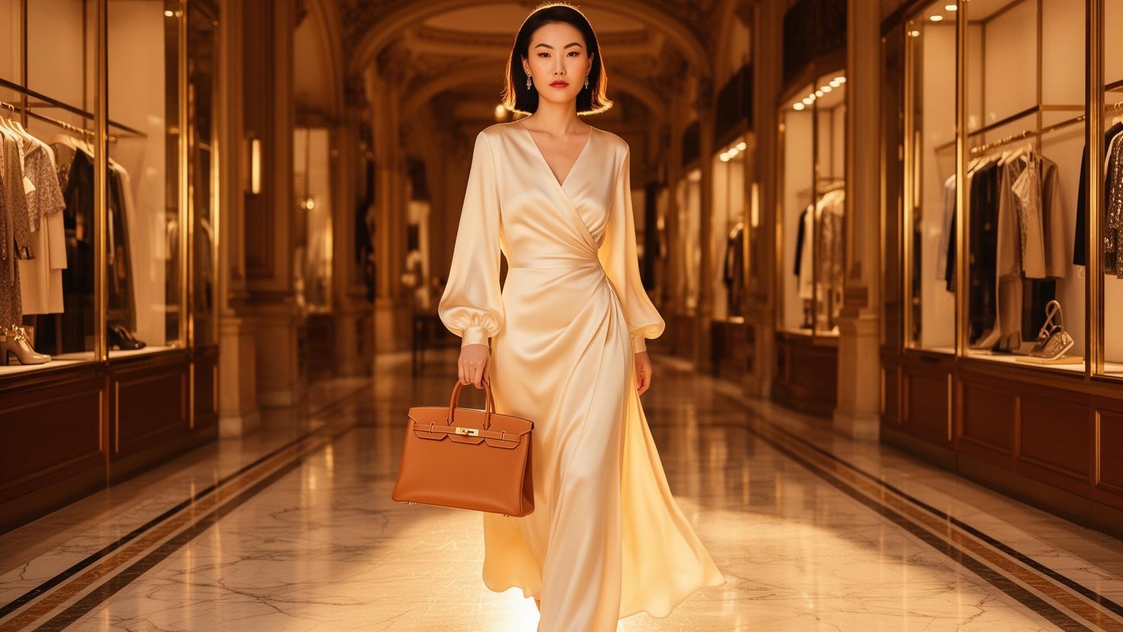 Elegant model with luxury Hermes Birkin handbag