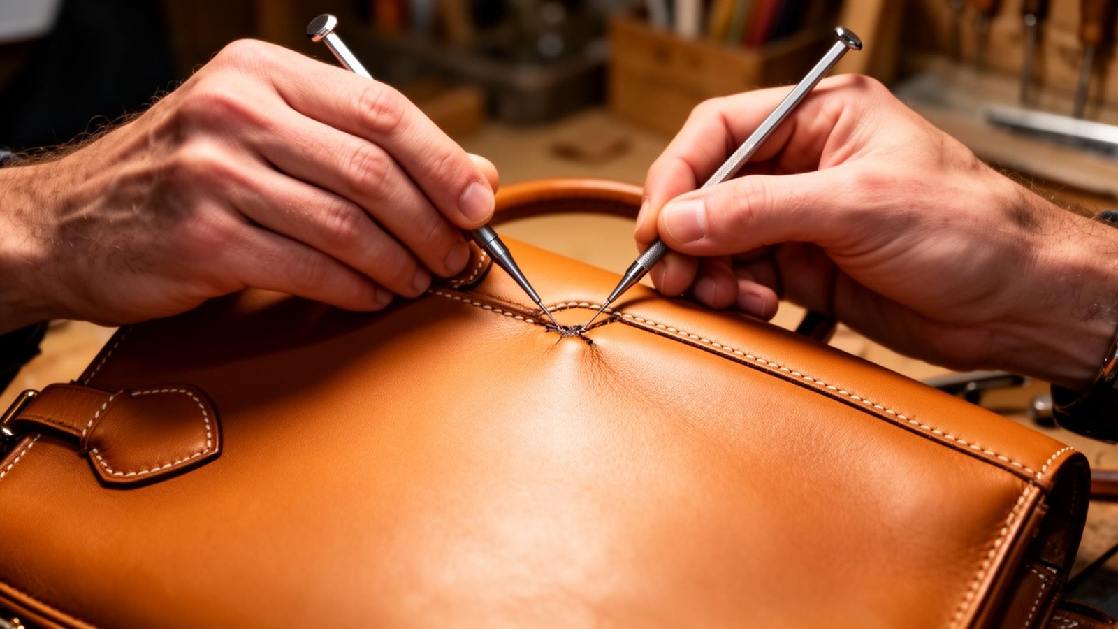 Master artisan restoring luxury handbag