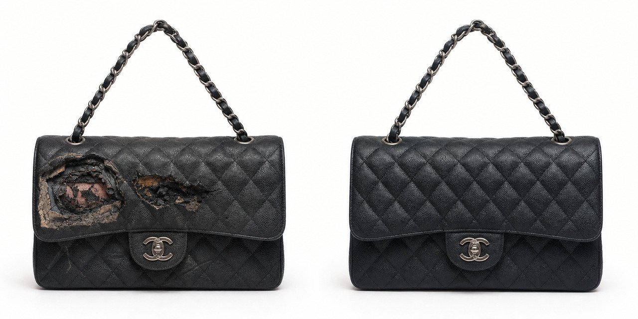 Before and after bag restoration comparison